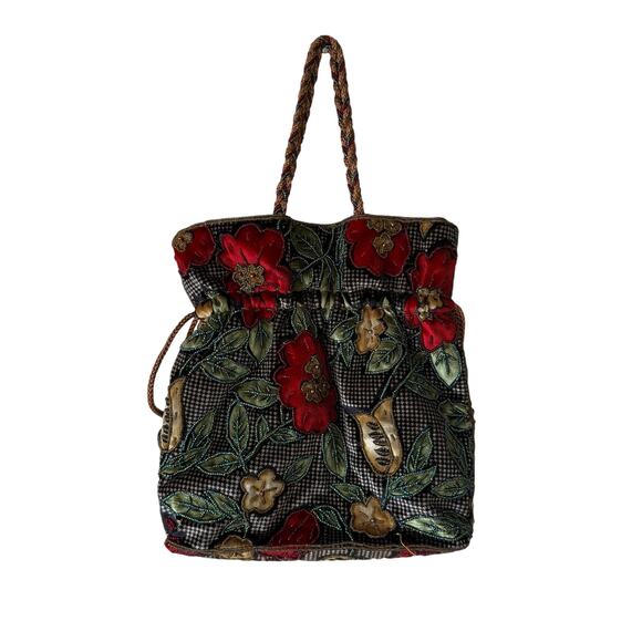 Floral Beaded women's handbag with drawstring and snap closure - Picture 2 of 3